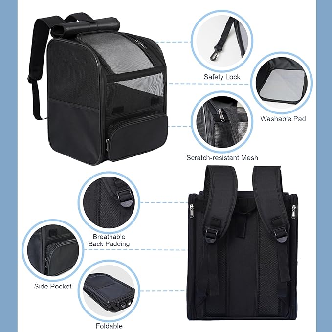 Pesen Cat Backpack Carrier, Breathable & Foldable Pet Carriers for Cats, Small Dogs and Rabbits Under 15 lbs, Airline Approved Dog & Cat Carrier Backpack for Hiking, Travel, Camping, Gray