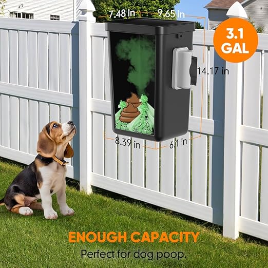 Dog Poop Trash Can Outside, 3.1 Gallon Dog Waste Trash Can with Trash Bag Dispenser, Outdoor Dog Poop Trash Can with Lid, Black Hanging Trash Can for Fence, Garbage, Outdoors, Counter Top