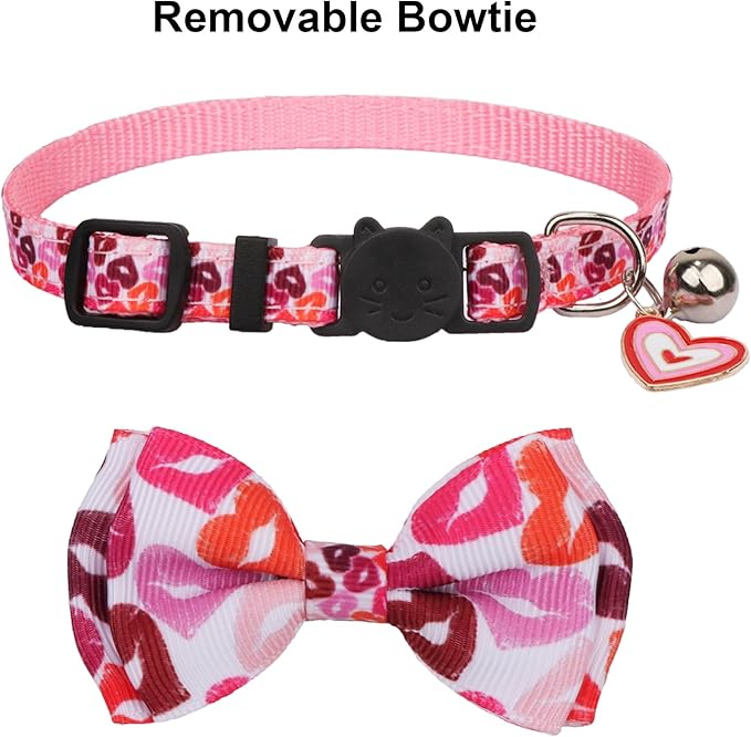 ADOGGYGO Valentine Cat Collars with Bow Bell, Breakaway Cat Bowtie Collar Red Pink Heart Pattern Valentine Collars for Girl Boy Cats Kittens