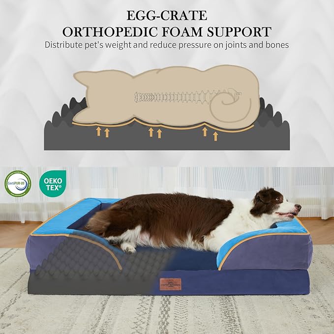 Comfort Expression Orthopedic Dog Bed for Extra Large Dogs 42x30 Inch, Waterproof Egg Crate Foam XL Pet Bed with Removable Bolsters, Dog Couch with Washable Cover & Non-Slip Bottom, Hidden Bay