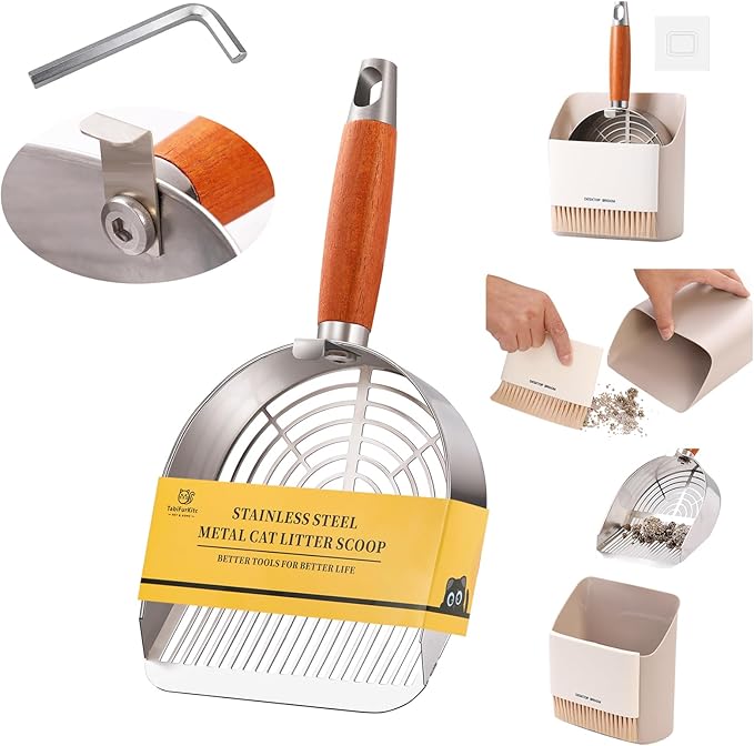 Stainless Steel Metal Cat Litter Scoop with Holder, Small Broom & Dustpan - Durable, Anti-Break Handle, Dual-Width Holes for Quick Clean