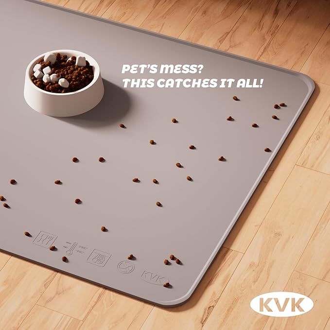 Dog Food Mat, 39.4×29.5in Extra Large Silicone Pet Feeding Mat - Waterproof, Non - Slip, Chew - Resistant for Food & Water, Protect Floors (Light Gray)
