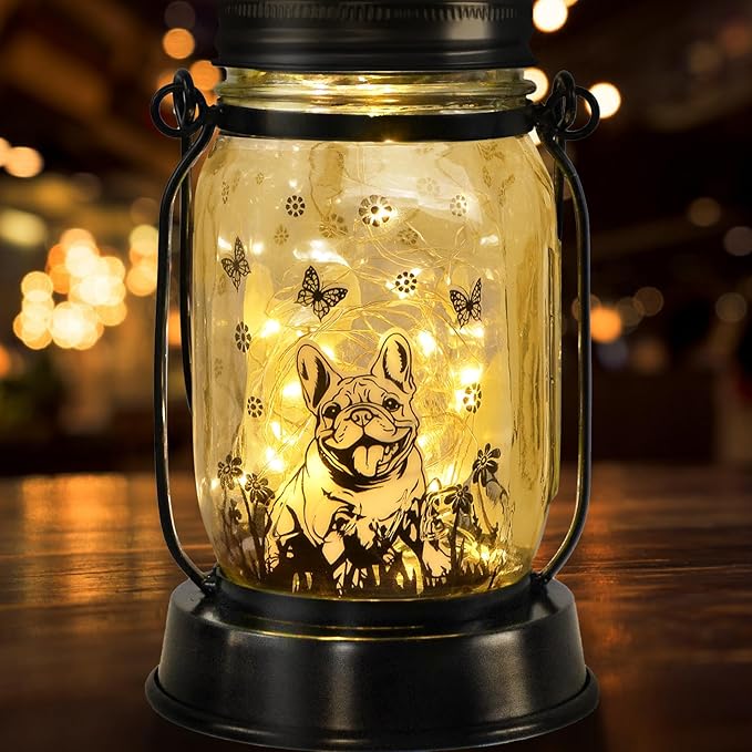 French Bulldog Frenchie Gifts for Women/Men French Bulldog Solar Lanterns Dog Mom Birthday Dog Lovers Lantern Pet loss Pet Memorial Lights Solar Garden Decoration Yard, Patio,Backyard,Porch Torches