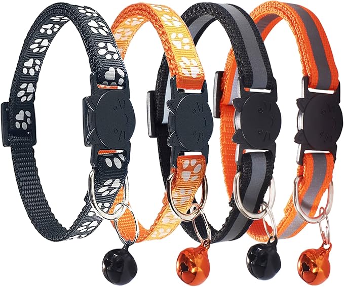 Breakaway Reflective Nylon Cat Collars with Bell (2 Black + 2 Orange)