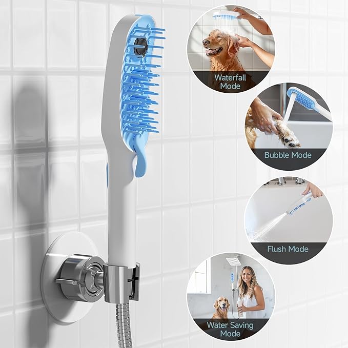 SR SUN RISE Dog Shower Attachment for Thick Haired Dogs, 4 Spray Mode Pet Bath Sprayer with Stainless Steel Diverter Valve & 6.5 Foot Hose, Indoor & Outdoor Dog Washing Grooming Supplies, Blue/White
