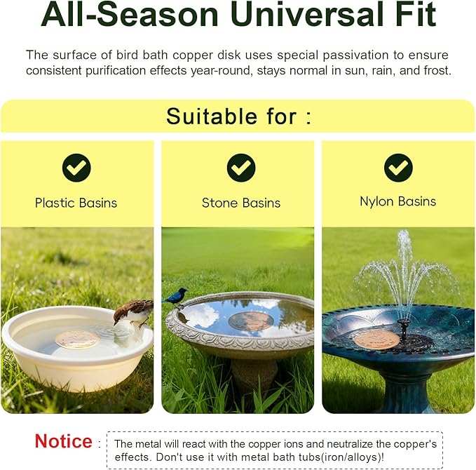 2-Pack Upgraded Bird Bath Copper Disks, 0.8mm Reinforced 99.99% Pure Copper Cleaning Disks, 4-Point Support&Concave Base for Physical Safe Clean Water, Outdoor All-Season Fit Birdbaths&Bowls