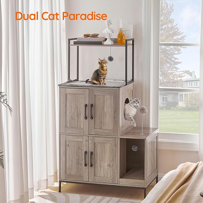 HOOBRO Cat Litter Box Enclosure Furniture, 2 in 1 Hidden Litter Box Furniture with Shelf, Double Litter Box Cabinet with 2 Dangling Plush Balls and 1 Toy Ball, Greige and Black BG78MW01