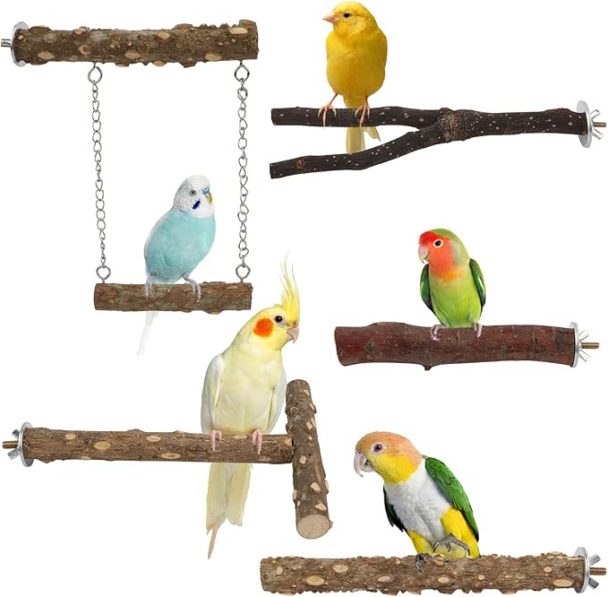 Hypeety Natural Wood Bird Perch for Parakeets 5PCS Perches for Cage Parrot Hanging Swing Bird Fork Perches Easy Install Chew Toys for Small Birds Cockatiels Conures Budgies Lovebirds Parakeets