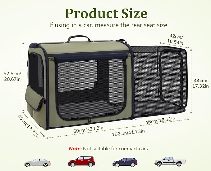Pecute Dog Car Carrier Stable and Light Weight, Expandable Extra Space Dog Carrier for Cars, Breathable Dog Car Crate, Foldable Pet Carrier for Both Indoor and Outdoor Use, Pet Travel Crate Green