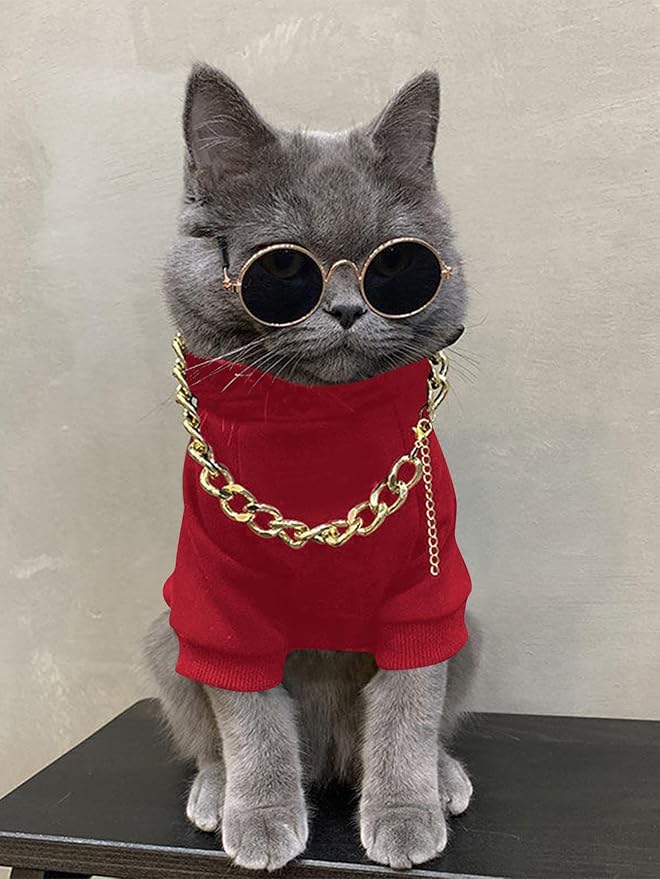 QWINEE 3Pcs Dog Hoodie Cat Apparel Dog Custume Set with Necklace and Sunglasses Pet Clothes for Puppy Small Medium Dogs Cats Red L