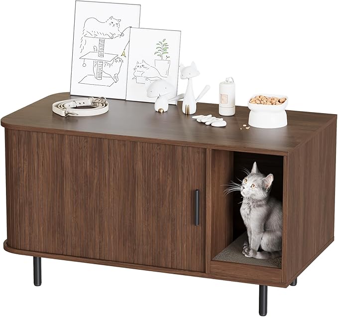 Cat Litter Box Enclosure with Cat Scratch Pad, Sliding Door, 37.4" Litter Box Enclosure Furniture Hidden Litter Box, Modern Indoor Cat House, TV Stand, Side End Table for Living Room, Walnut