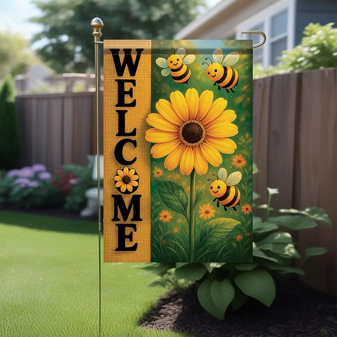 Spring Summer Garden Flag Bee Sunflower Flag 12x18 Inch Double-Sided Cute Welcome Yard Banner Floral Outdoor Decor for Porch Lawn Pathway Cottage Farmhouse Gift