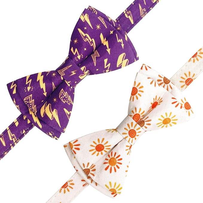 2 Pack Breakaway Cat Collar with Removable Bow Tie and Bell for Boy Girl Cats,Cute Cotton Kitten Collar with Purple Lavender and Red Flower Pattern for Female Male Cats (Lightning&Sun)