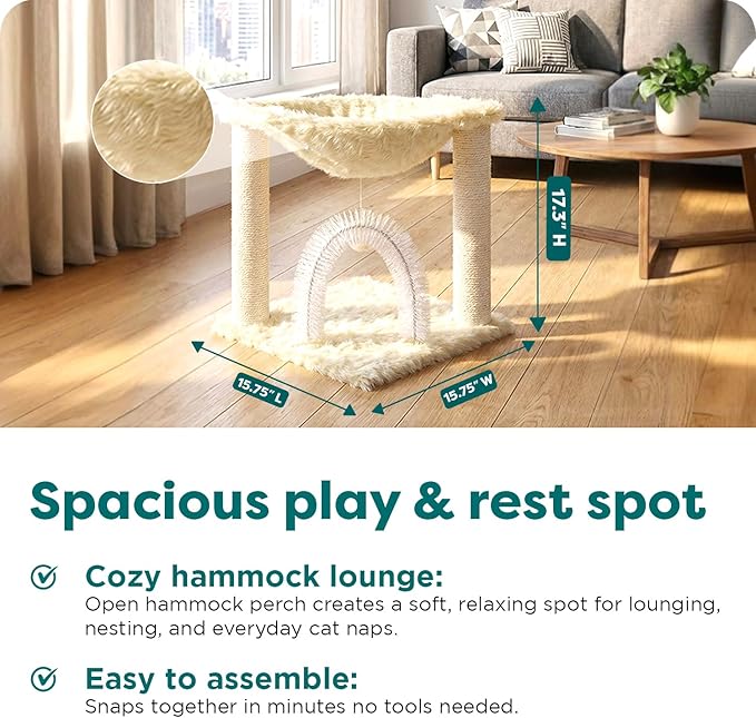 FurHaven 17.3" Tall Cat Scratching Post Tower for Indoor Cats, Sisal Cat Tree, Tiger Tough Hammock Interactive Playground, Toys & Perches for Cats, Sisal, Cream