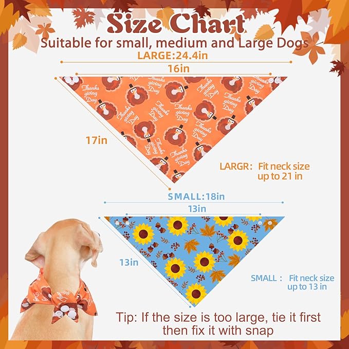 PAWCHIE Thanksgiving Dog Bandanas 4 Pack, Reversible Dogs Triangle Scarf Bibs, Dog Holiday Bandana with Two Adjustable Snaps, Multiple Thanksgiving-Themed Patterns for Dogs Puppy, Cats, Pets