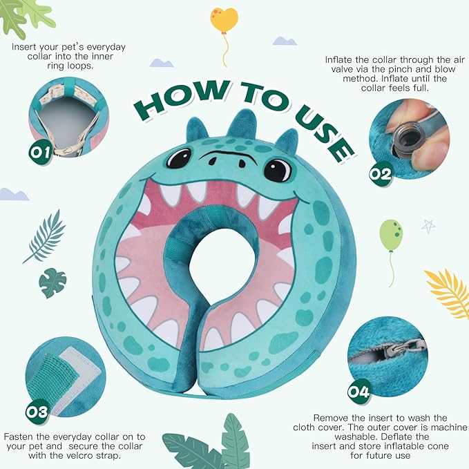 IEUUMLER Inflatable Recovery Dog Collar, Protective Donut Cone, Adjustable Soft Collar for Dog and Cat After Surgery Prevent from Biting & Scratching EU002 - Teal Dinosaur M+