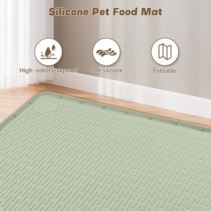 Cat Food Mat, 57" x 40" Extra Large Silicone Pet Feeding Mat with Raised Edge Pet Placemat for Food and Water Bowl Non-Slip, Easy to Clean, Floor Protection (Green)