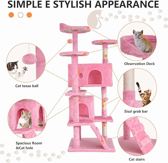 Cat Tree for Indoor Cats, Multi-Level Cat Tower with Scratching Posts & Cozy Condo, Space Saving Cat Activity Center, Durable Pet Play House (54in,Pink)