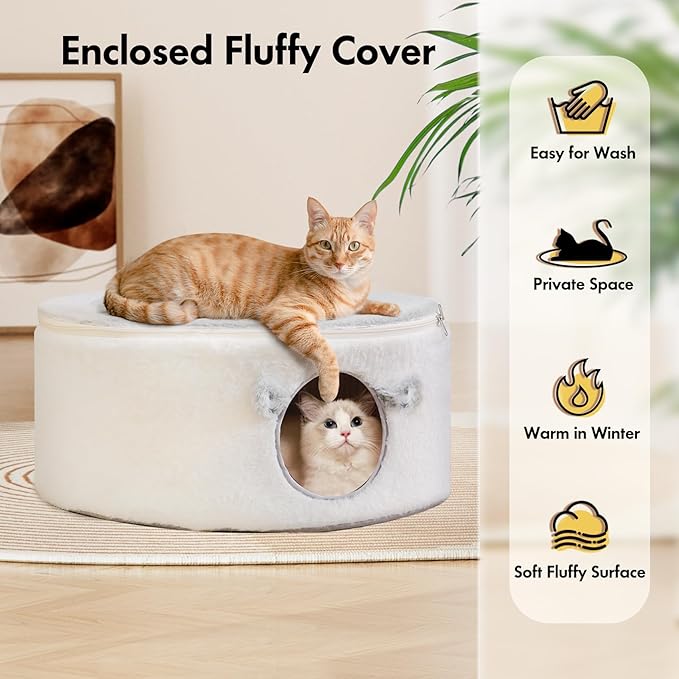 Cat Bed for Indoor Cats, Fluffy Large Enclosed Cat House Cave Pet Bed Hammock with Removable Washable Cover for Sleeping Cats, Kittens, Small Dog, Oval Hideaway