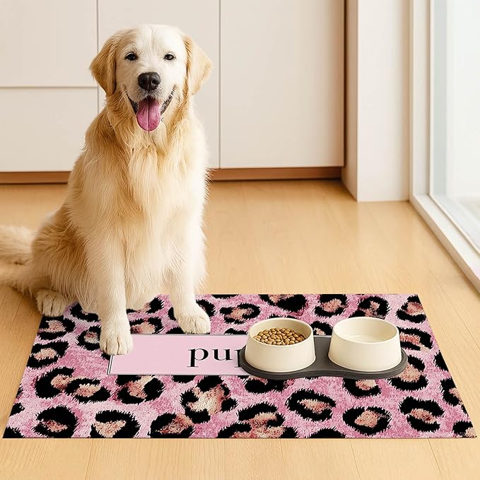 Puppy Feeding Mat 24x16 inch Pink Leopard Print Pet Bowl Placemat Non Slip Floor Mat for Food and Water Indoor Dog Feeding Station Cute Meal Pad for Small Pets Kitchen Use