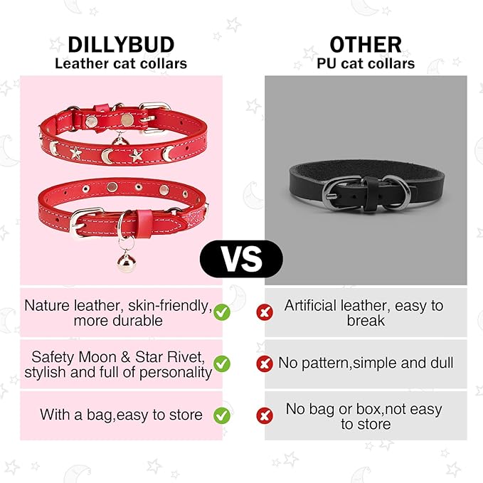 Leather Cat Collars for Boy Girl Cats with Bell and Safety Elastic Belt, Personalized Star and Moon Stud Adjustable Safe Buckle Collar for Kitty Small Big Cats Size 7-9 Inch, Red