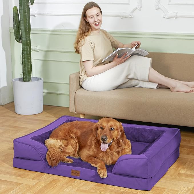 Comfort Expression Orthopedic Dog Bed for Large Dogs 36x27 Inch, Waterproof Egg Crate Foam Large Pet Bed with Removable Bolsters, Dog Couch with Washable Cover & Non-Slip Bottom, Deep Purple