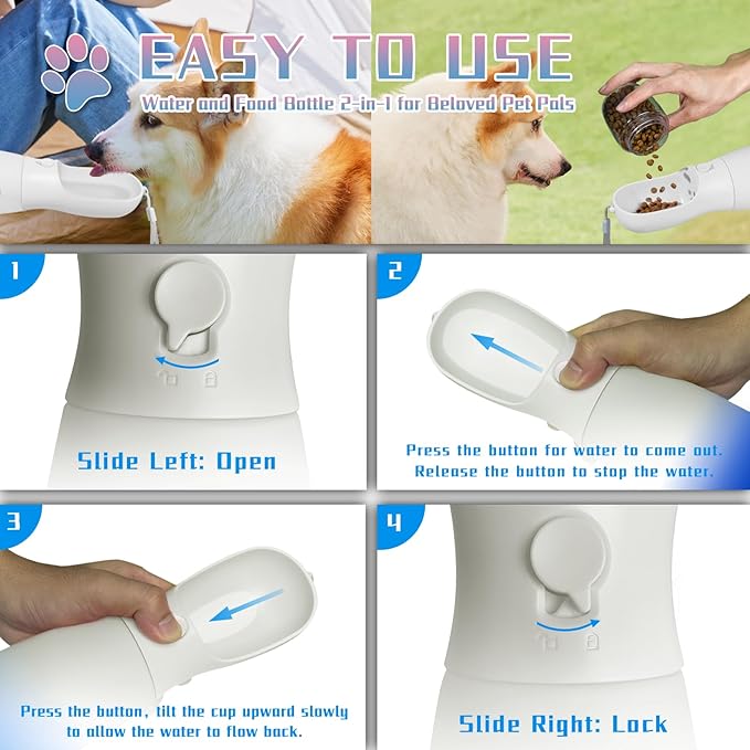 Outdoor Dog Water Bottle, Portable Puppy Essentials for Camping Travel, Food Grade Travel Dog Water Bowl Dispenser, Large Capacity Pet Water Bottle, Gifts for Dog (19Oz, White&Blue)