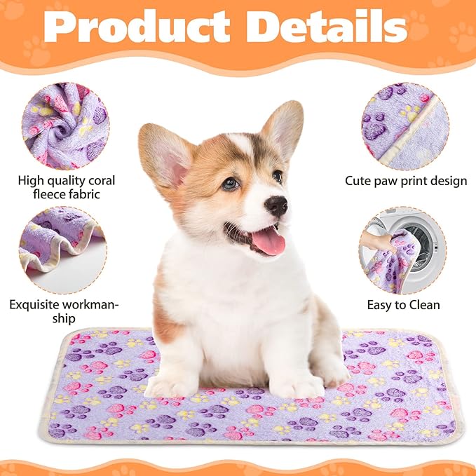 Chumia 40 Pcs Blankets Soft Fluffy Fleece Washable Pet Dog Sleep mat Paw Print Pattern Fleece Blankets for Pets Throw Warm Bed Mat for Dog Puppy Cat (24 x 16 Inch,Pink, White, Brown, Purple)