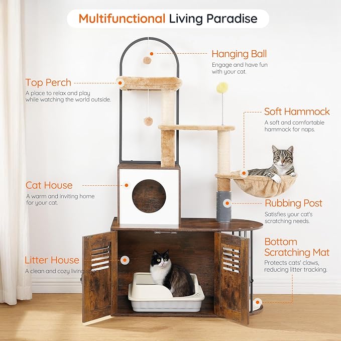 HOOBRO Cat Tree with Litter Box Enclosure, All-in-One 31.5" Cat Tower with Hidden Litter Box Cover Furniture for Indoor Cats, Versatile Cat Condo with Sisal Posts, Hammock, Rustic Brown FG45MZ03