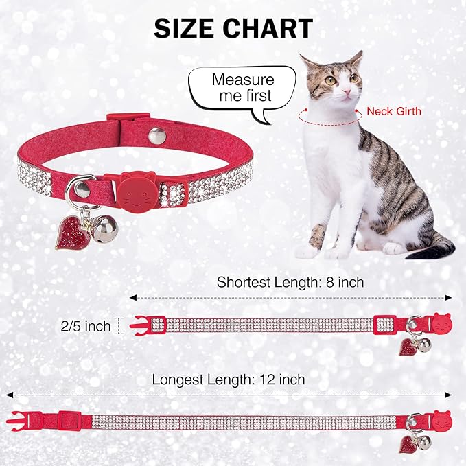 Rhinestone Cat Collar Breakaway with Bell, Diamond Cat Collar with Safety Buckle Quick Release for Girl Boy Small Kitten Pets Puppy,Cute Soft Female Male Cat Collars, Color Red 8-12"