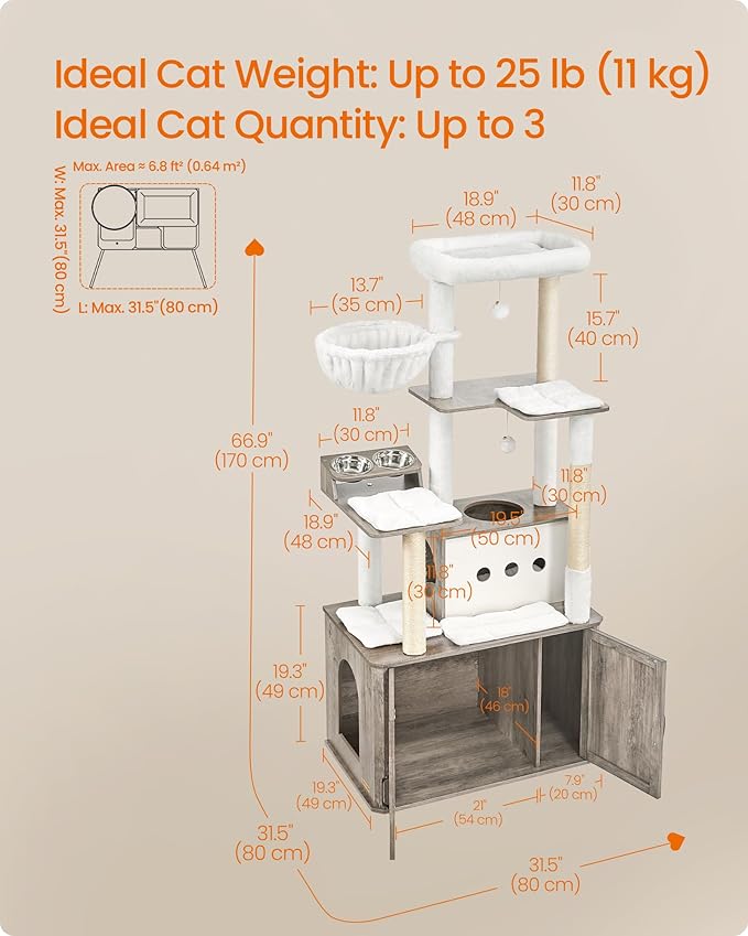 Feandrea Cat Tree, 66.9-Inch Cat Tower with Litter Box Enclosure, Large Condo with Food Station, Storage, Scratching Posts, Cave, Hammock, Washable Cushions, Heather Greige UPCT169K02