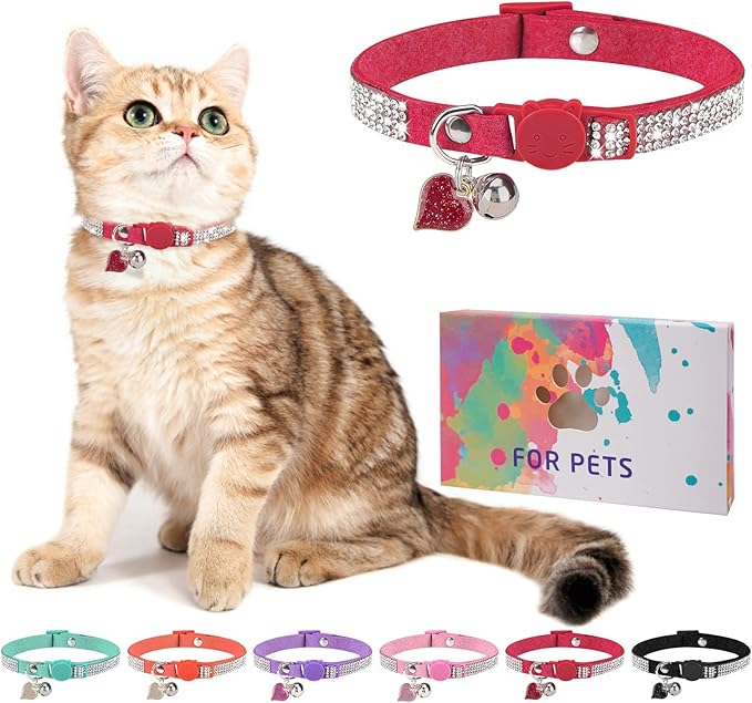 Rhinestone Cat Collar Breakaway with Bell, Diamond Cat Collar with Safety Buckle Quick Release for Girl Boy Small Kitten Pets Puppy,Cute Soft Female Male Cat Collars, Color Red 7-9"