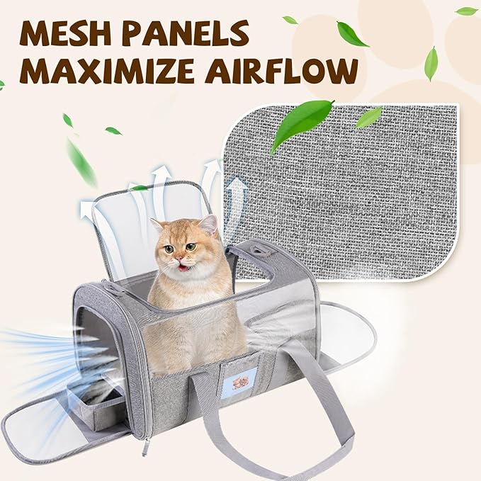 Cat Carrier Soft for Pets Up to 15 Lbs, Cat Travel Bag with Padded Shoulder Strap and Detachable Cat Food Bowl, Pet Dog Carriers for Small Dogs Travel Puppy Carry Airline Approved, Grey