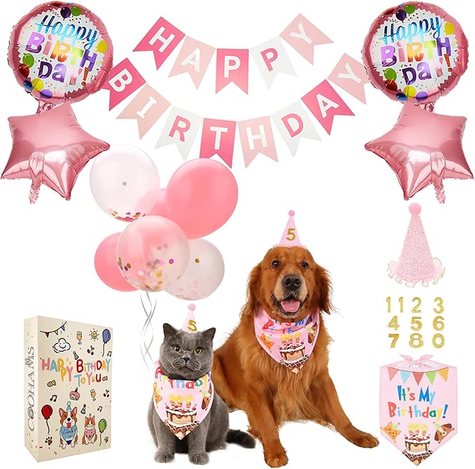 Dog & Cat Birthday Party Decorations Set Include Bandana, Adjustable Hat, Balloons, Happy Birthday Banner for Male and Female. Available for Small & Medium & Large Breeds (Pink)
