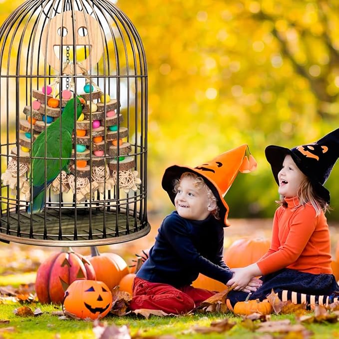 Large Parrot Toys, Multi-Color Wooden Block with Halloween Shape Bird Chewing Toy for Macaws, Cockatoos, African Grey and Large Medium Birds