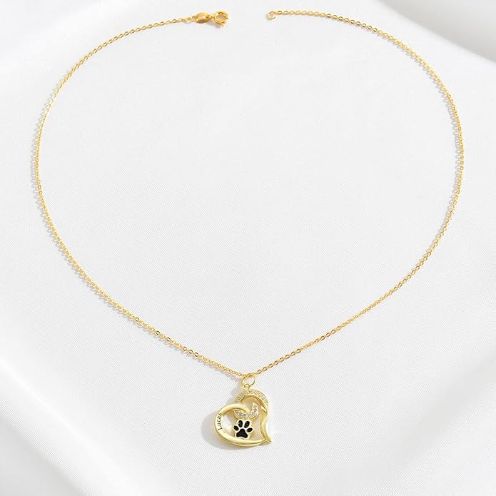 Personalized Cute Dog Cat Paw Name Necklace Forever Love Custom Heart Pendant Pet Name Necklace Gift for Pet Lovers