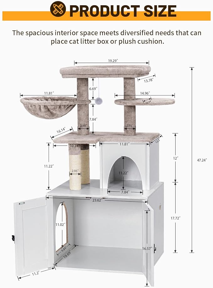 Snughome Cat Litter Box Enclosure with Cat Tree Tower and Condo, Hidden Washroom Furniture with Sisal Scratching Post and Soft Plush Perch, Wooden Cat Furniture with Multiple Platforms, White