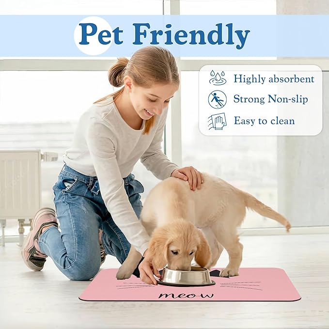 Pink Cat Dog Food Mat–Christmas Stocking Absorbent Quick Dry Feeding Placemat for Food and Water Bowls, Non Slip Rubber Backing, Waterproof Pet Supplies for Mess-Free Eating 12"x20"