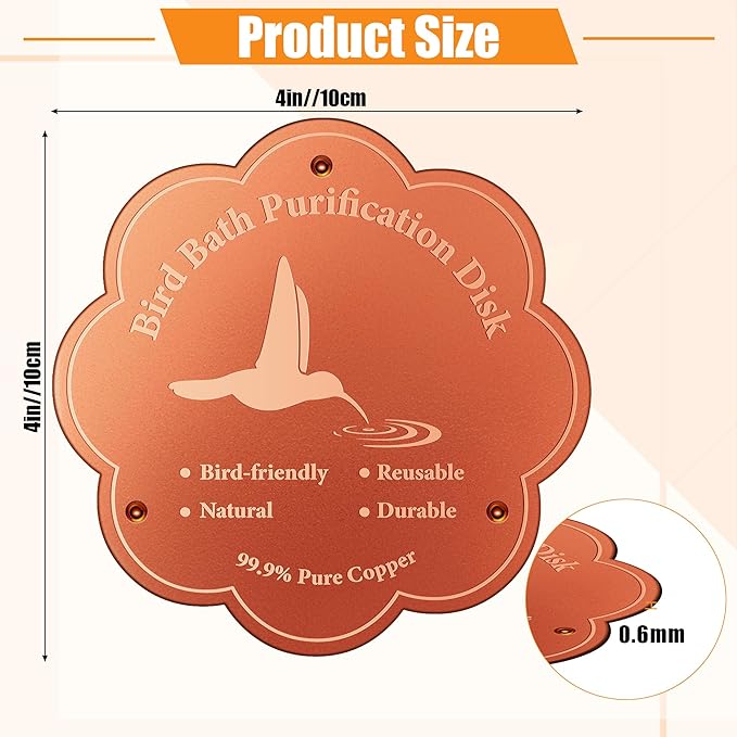 2P 4inches Bird Bath Purification Disk, 99.99% Pure Copper Bird Bath Disc Safe Birdbath Cleaner Disks for Outdoor All-Season Use 0.6mm Birdbaths Copper Disk with 3 Point Support