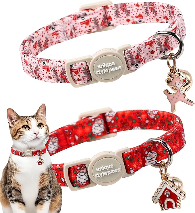 Unique style paws 2 Pack Christmas Kitten Collar Breakaway with Bell&Pendant, Adjustable Safety Elk Christmas Cat Cotton Collar for Girl Boy Cat and Small Pet