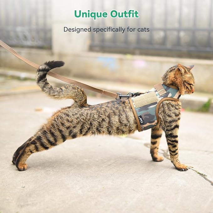 Tactical Kitty Harness and Leash for Walking Escape Proof Breathable Mesh Fabric, Green Jungle Camo, X-Small, Adjustable Cat Walking Jackets, Padded Stylish Cat Vest