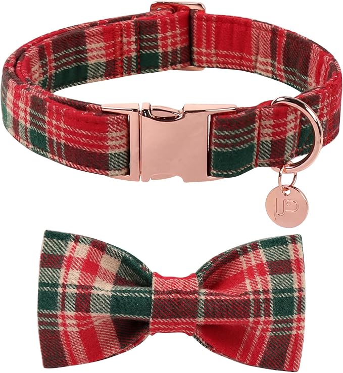 Christmas Plaid Dog Collar with Bow Tie– Adjustable Red & Green Checkered Dog Collar for Small Medium Large Dogs, Soft Xmas Plaid Puppy Collars with Quick Release Buckle L