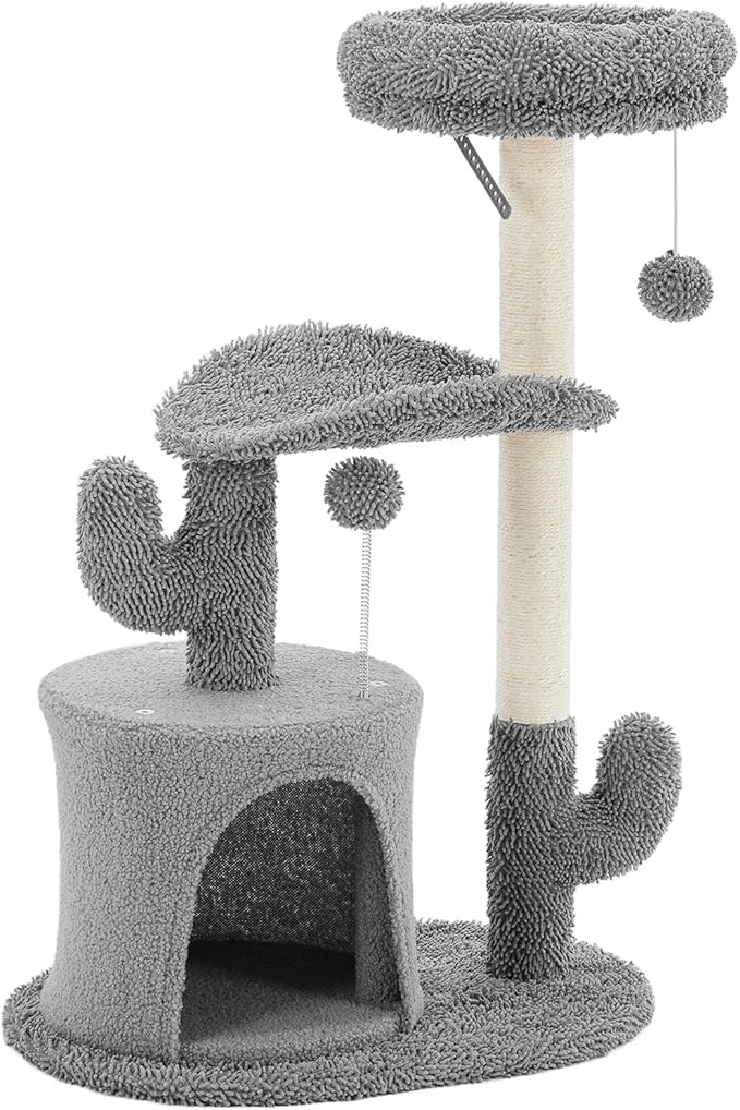 Sweetcrispy 33" Cat Tree Tower for Indoor Cats, Small Cat Scratching Post with Curved Bed, Cat Tree with Cat Condo for Adult, Grey