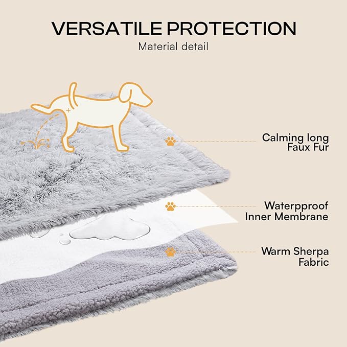 Luciphia Large Waterproof Dog Blanket Pet Washable Liquid Proof Furniture Protector Small Shaggy Plush Calming Long Faux Fur Bed Cover for Couch Cat Blankets for Kitten Doggy, Mist Grey, 30" x 40"