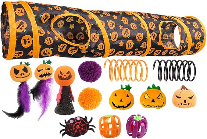 Interactive Cat Play Tunnels - Halloween Peekaboo Cat Cave with Toys, Cats Engaging Activity Center | Interactive Toy & Activity Center for Indoor Cats, Kittens, Small Animals, Playing & Stimulation