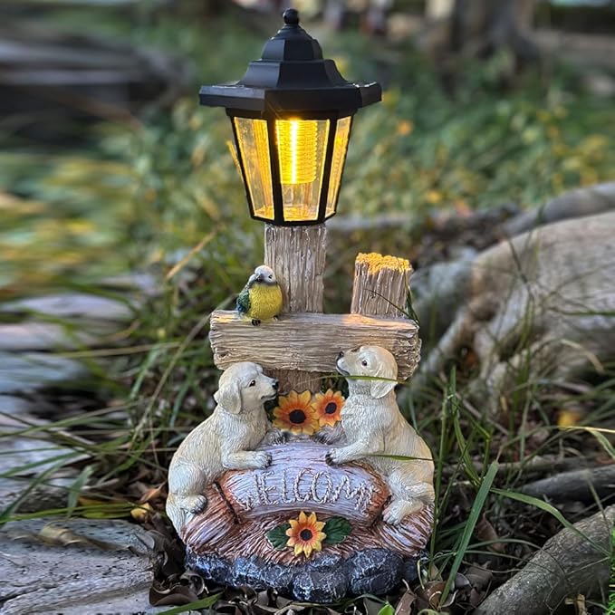 Outside Dog Statue with Solar Lantern, Garden Welcome Sign Dog Solar Figurines Light, Patio Outdoor Decoration, Balcony Lawn Decor, Unique Birthday House Warming Gift for Women, Mom, Grandma