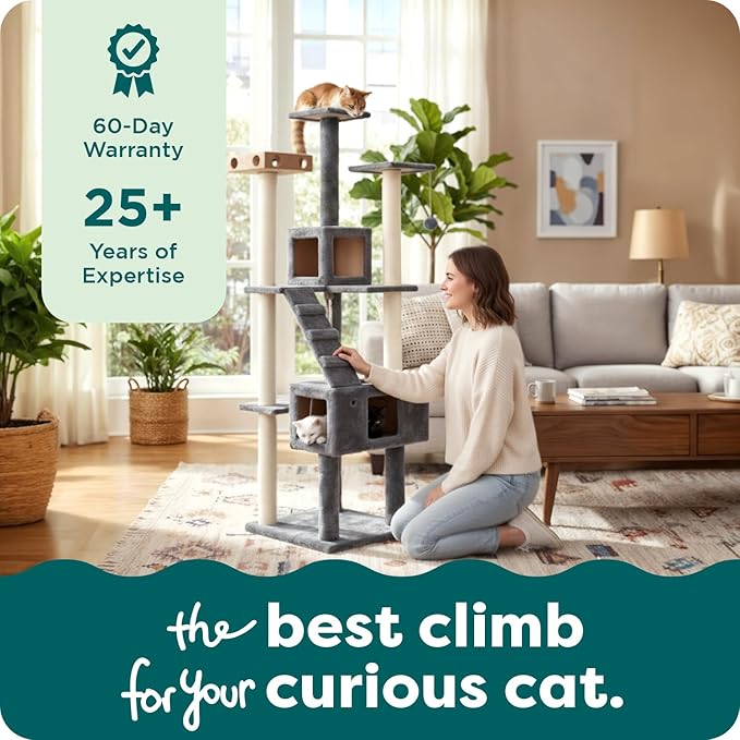 FurHaven 69.3" Tall Cat Scratching Post Tower for Indoor Cats, Sisal Cat Tree with 2 Condos, Tiger Tough Double Decker Playground, Toys & Perches for Cats, Sisal, Silver Gray