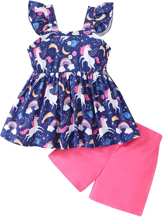 Toddler Baby Girls Summer Clothes Outfits Ruffled Sleeve Dinosaur Shirt Leopard Tops and Shorts Pants Sets 2PCS