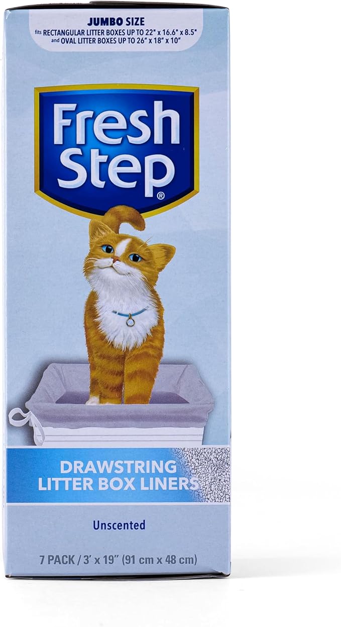 Fresh Step Jumbo Drawstring Cat Litter Box Liners, Unscented Heavy Duty Kitty Litter Bags for X-Large Oval or Rectangle Pans, Helps Contain Mess, Easy Lift Out Cleanup, 36 x 19 in, 7 Count
