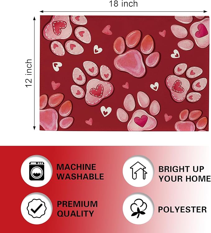 Valentines Day Dog Cat Paw Prints Placemats Set of 4, Pink Red Love Hearts Dining Place Mats Table Decor Pet Lover Gifts, Anniversary Wedding Home Kitchen Decoration 12 x 18 Inch